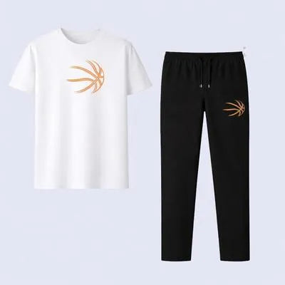 Men's Premium Bassket Ball Printed T-Shirt & Trouser Set - White & Black