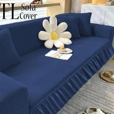 Blue Velvet 7-Seater Sofa Cover with Ruffle Edge