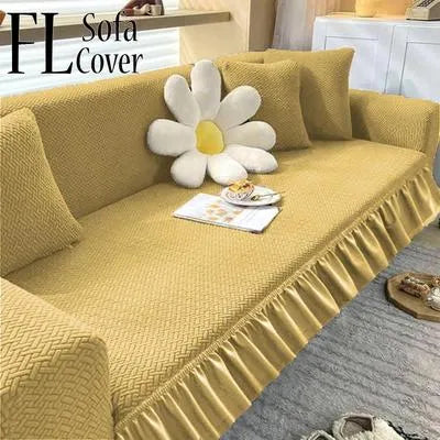 Blue Velvet 7-Seater Sofa Cover with Ruffle Edge