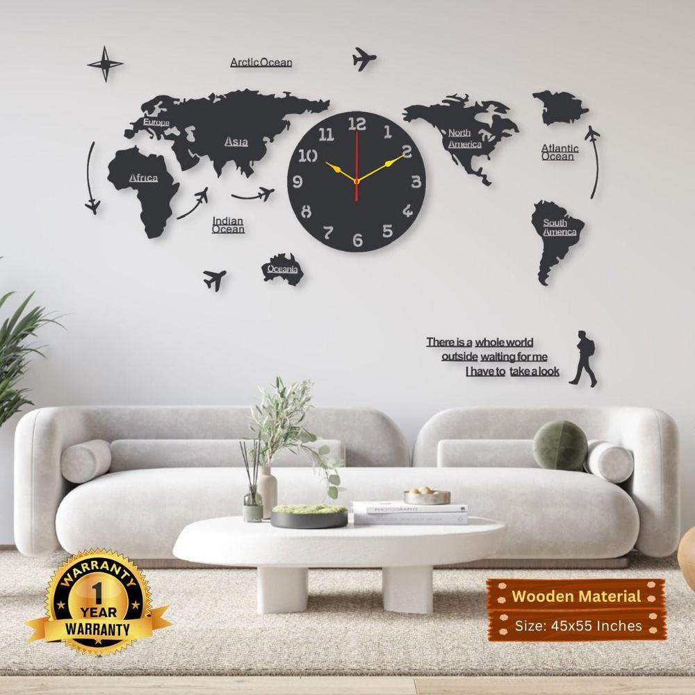 Modern Wooden World Map Wall Clock 45x55 Inches