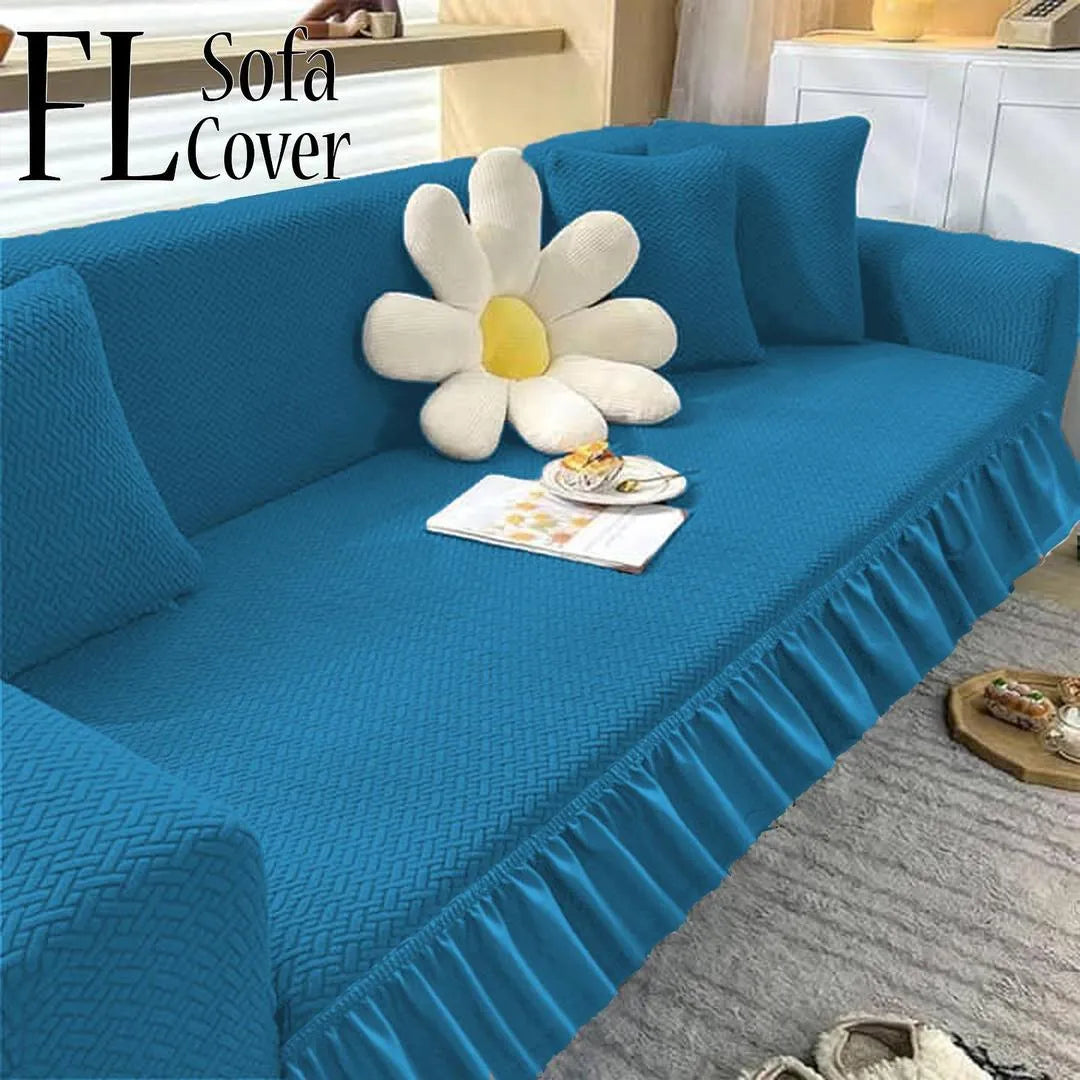 Blue Velvet 7-Seater Sofa Cover with Ruffle Edge