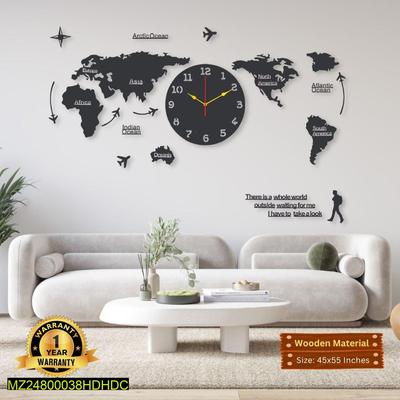Modern Wooden World Map Wall Clock 45x55 Inches